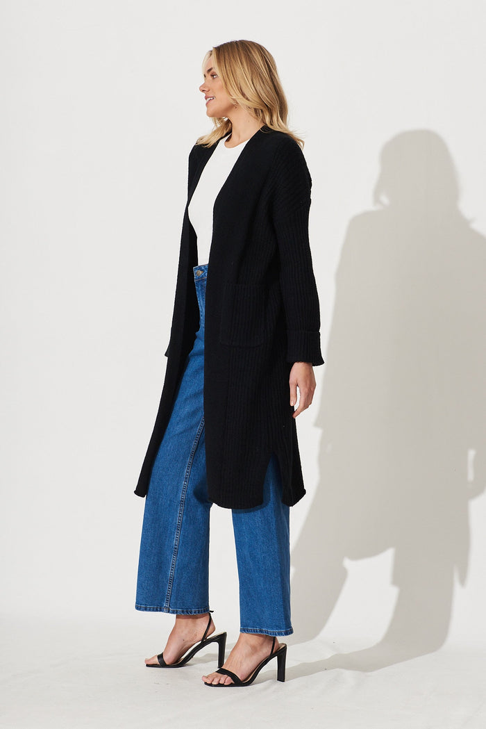Mosman Knit Cardigan In Black Wool Blend - side
