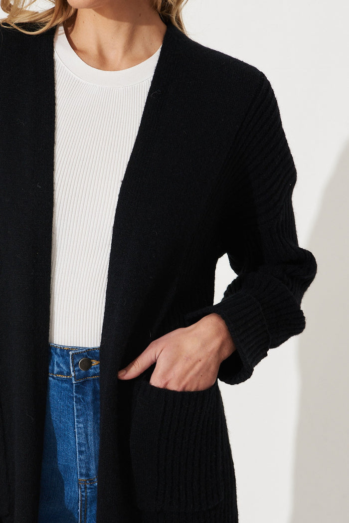 Mosman Knit Cardigan In Black Wool Blend - detail