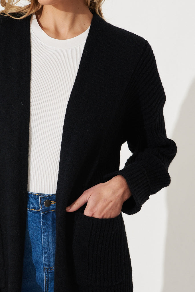 Mosman Knit Cardigan In Black Wool Blend - detail