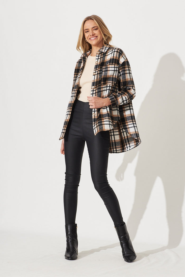 Falcon Shacket In Black With Brown Check - full length