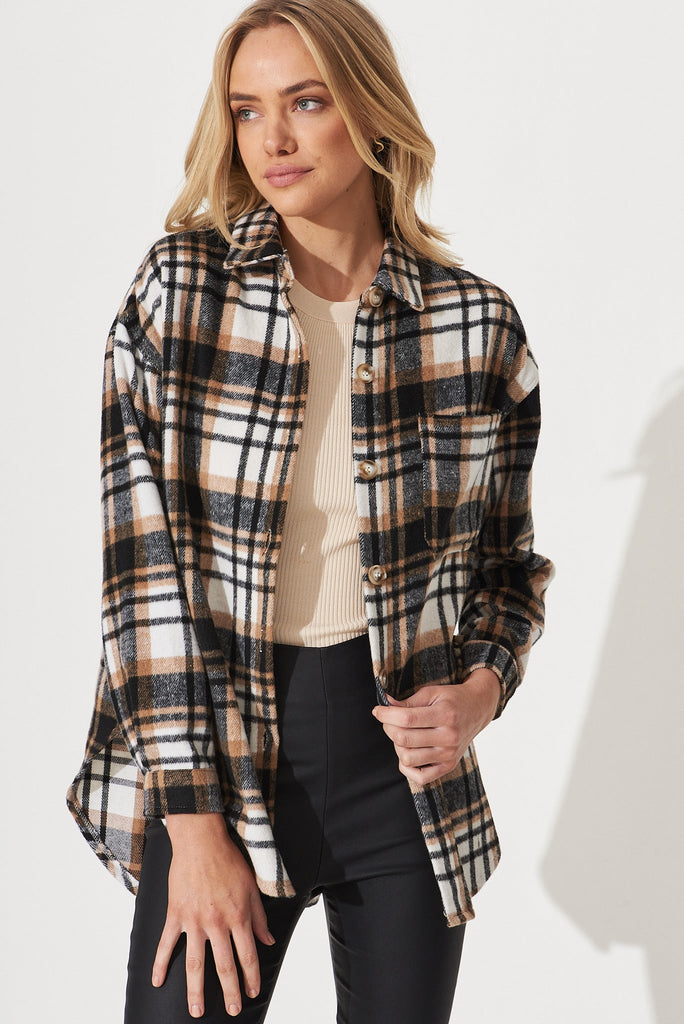 Falcon Shacket In Black With Brown Check - front