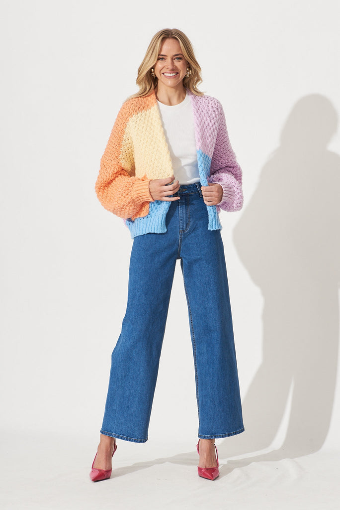 Sewell Knit Cardigan In Lilac Multi Colour Block Wool Blend - full length