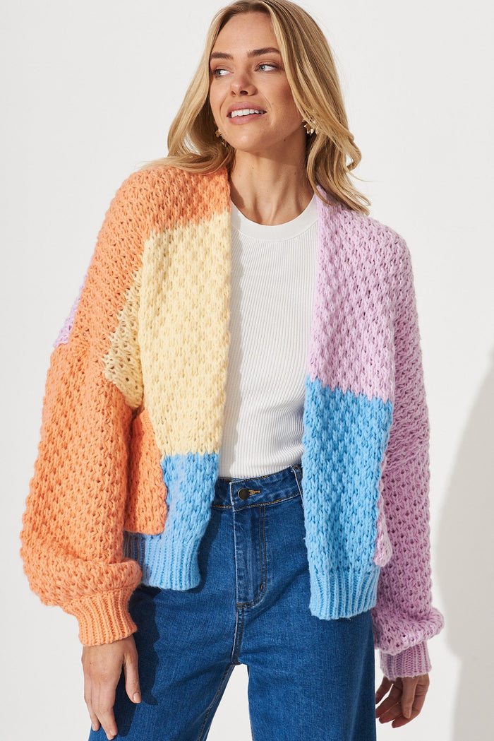 Sewell Knit Cardigan In Lilac Multi Colour Block Wool Blend - front