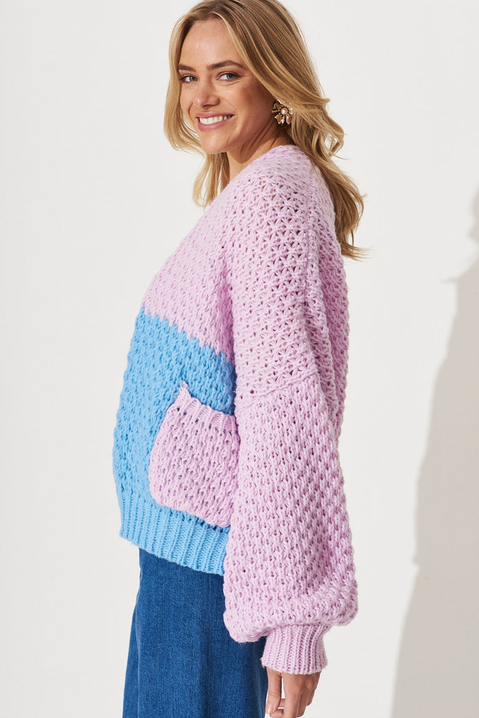 Sewell Knit Cardigan In Lilac Multi Colour Block Wool Blend - side