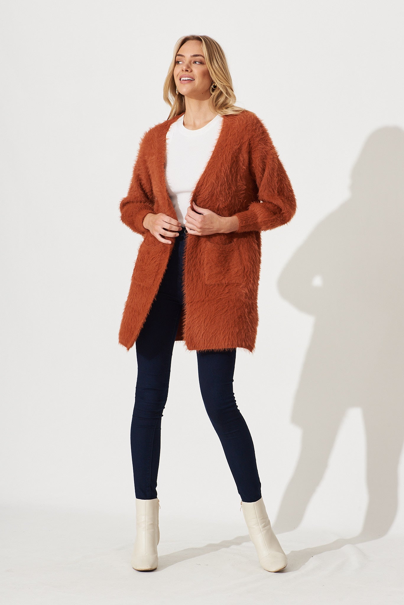 Lovey Dovey Knit Cardigan In Rust Wool Blend - full length