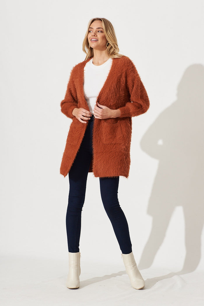 Lovey Dovey Knit Cardigan In Rust Wool Blend - full length