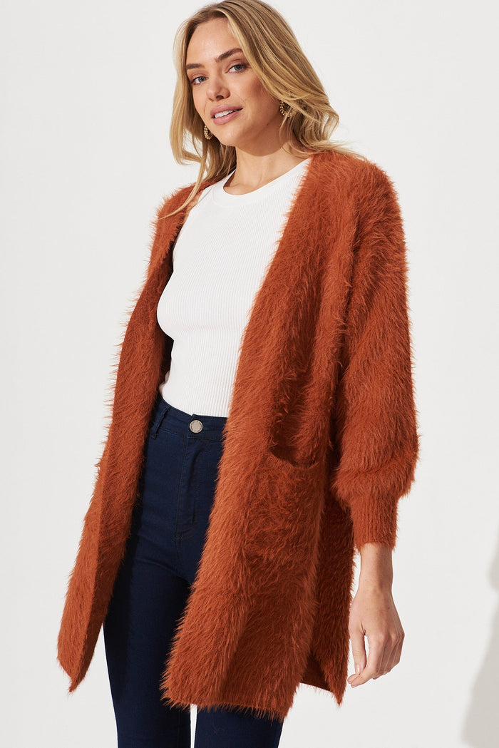 Lovey Dovey Knit Cardigan In Rust Wool Blend - front