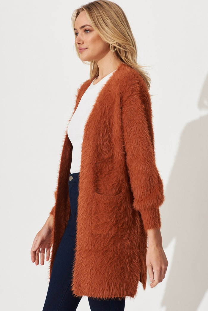 Lovey Dovey Knit Cardigan In Rust Wool Blend - side