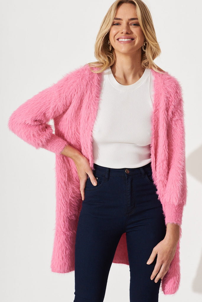 Lovey Dovey Knit Cardigan In Fuchsia Wool Blend - front