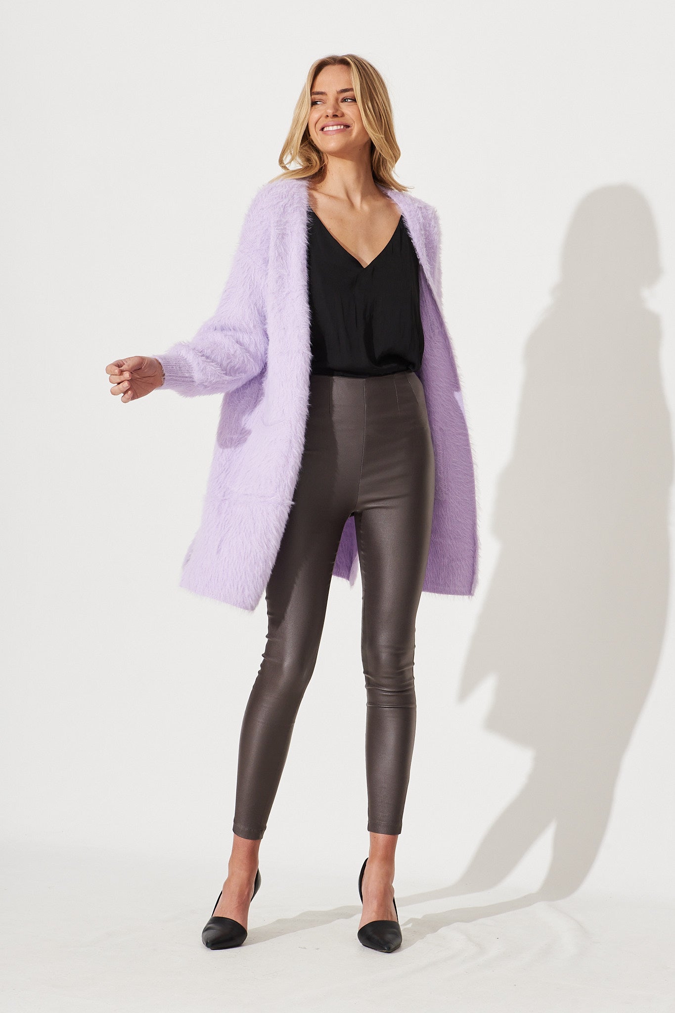 Lovey Dovey Knit Cardigan In Light Purple Wool Blend - full length