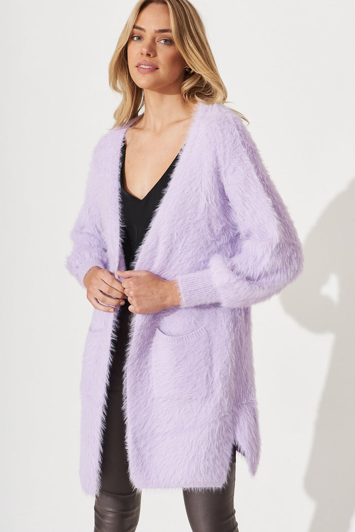 Lovey Dovey Knit Cardigan In Light Purple Wool Blend - front