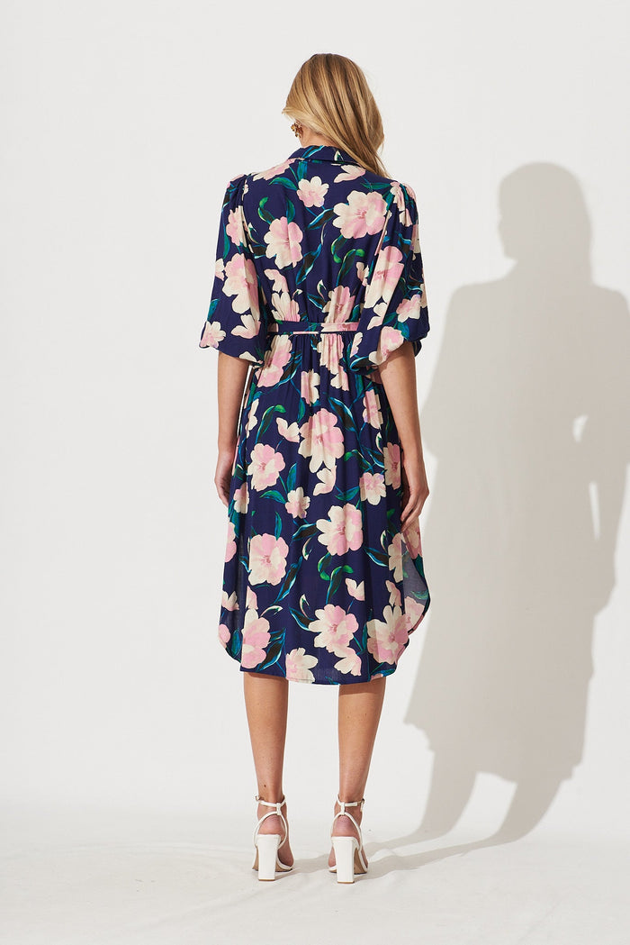 Francy Midi Shirt Dress In Navy With Blush Floral - back
