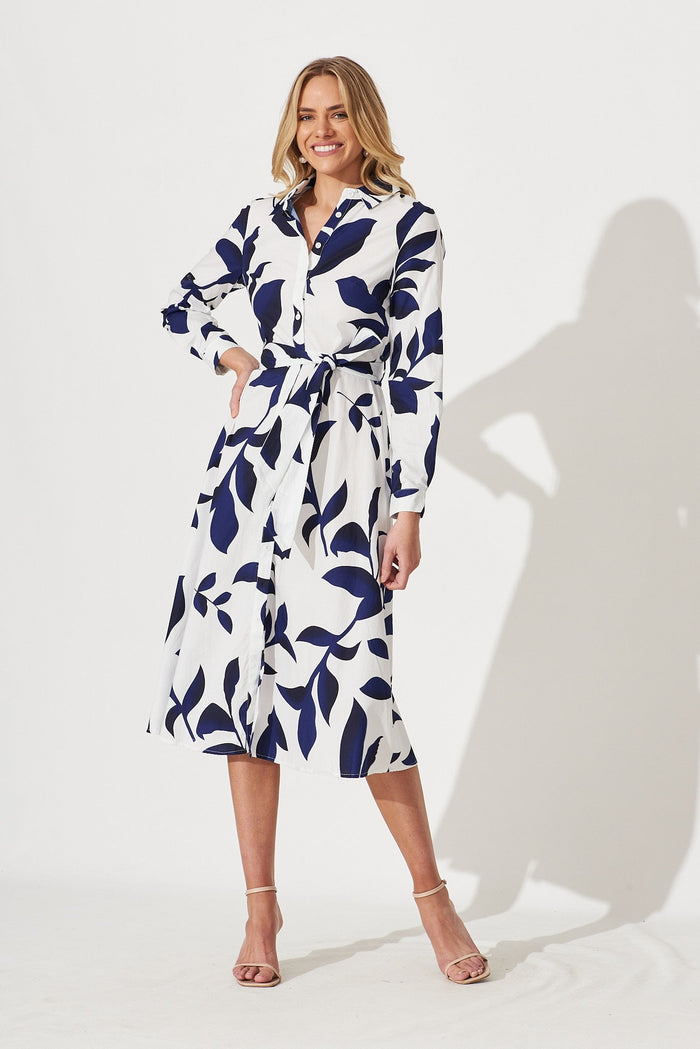 Bahamas Midi Shirt Dress In White With Blue Floral Print Cotton - full length