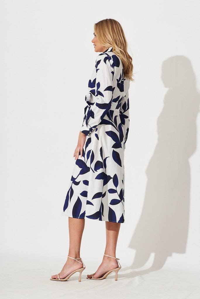 Bahamas Midi Shirt Dress In White With Blue Floral Print Cotton - side