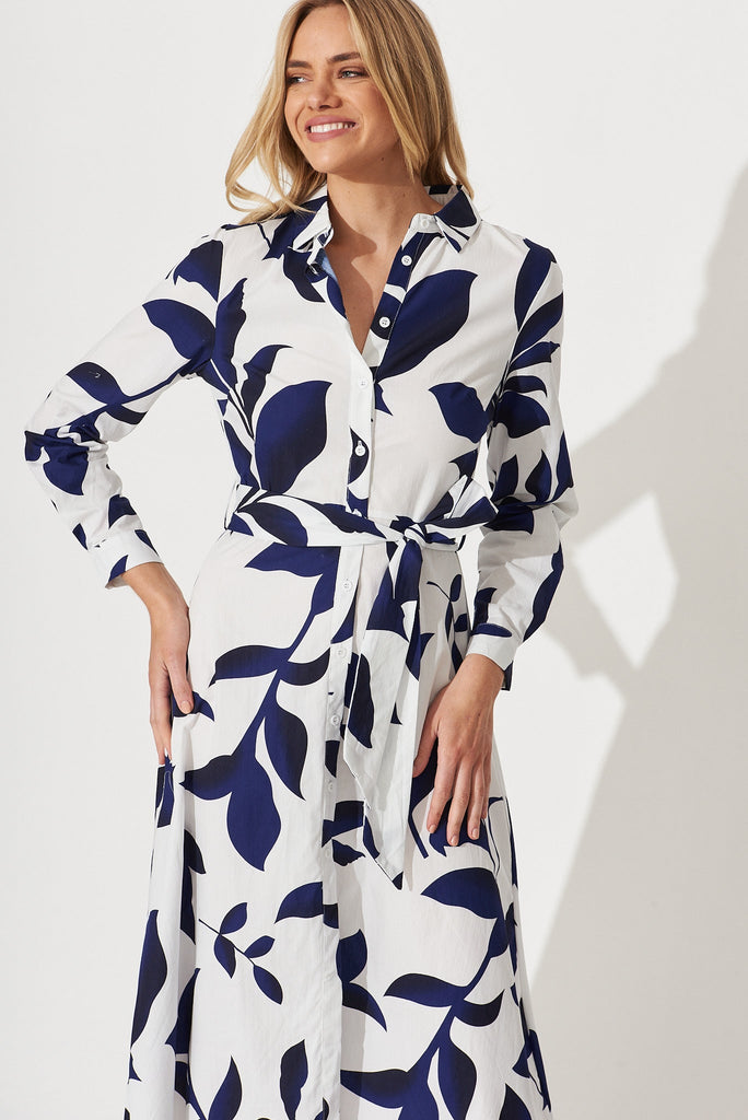 Bahamas Midi Shirt Dress In White With Blue Floral Print Cotton - front