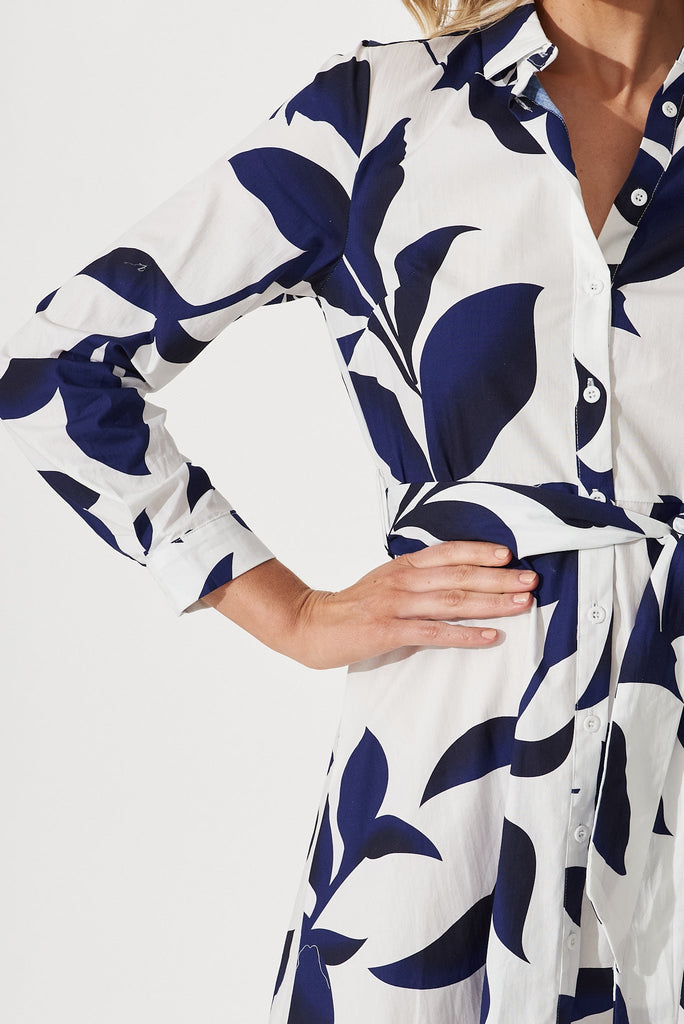 Bahamas Midi Shirt Dress In White With Blue Floral Print Cotton - detail