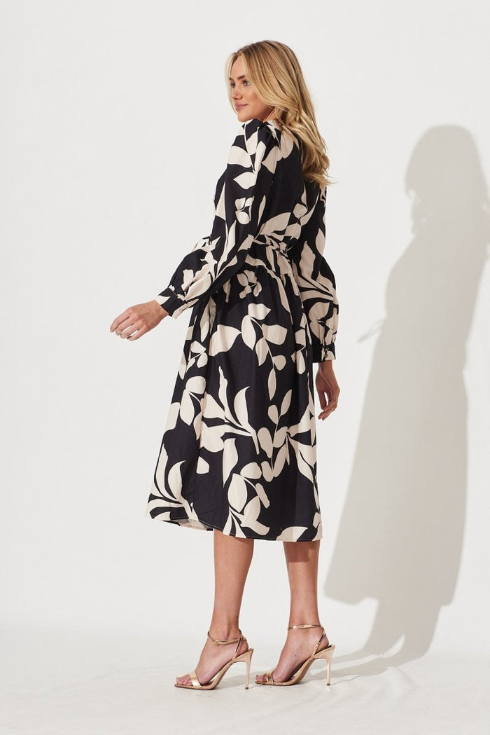 Caen Midi Dress In Black With Cream Floral Cotton Blend - St Frock (Dev)