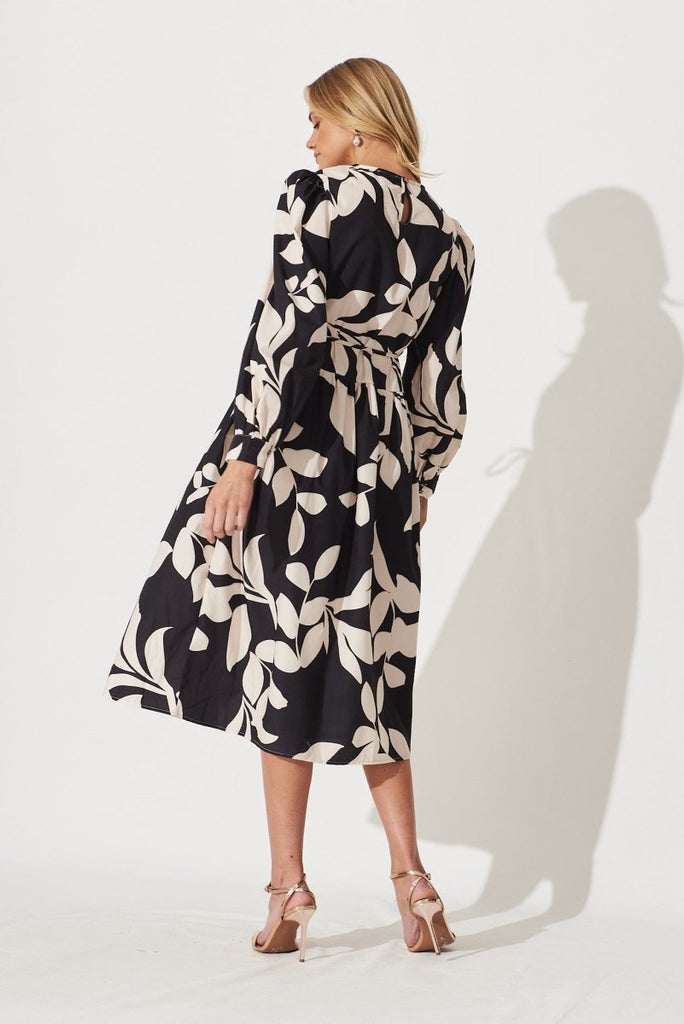 Caen Midi Dress In Black With Cream Floral Cotton Blend - St Frock (Dev)