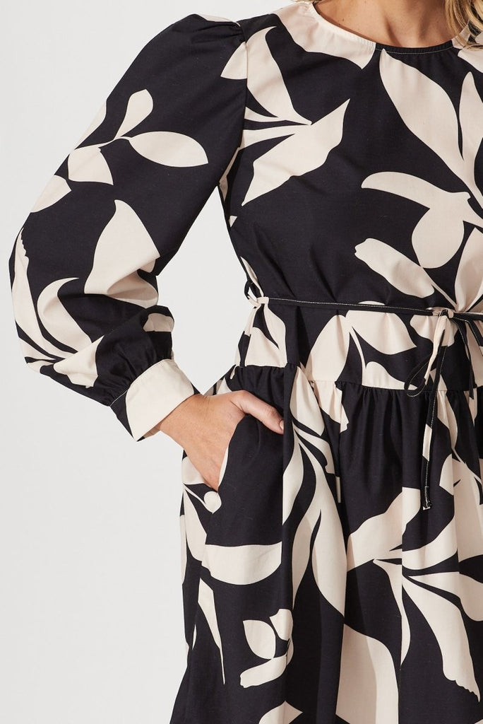Caen Midi Dress In Black With Cream Floral Cotton Blend - St Frock (Dev)