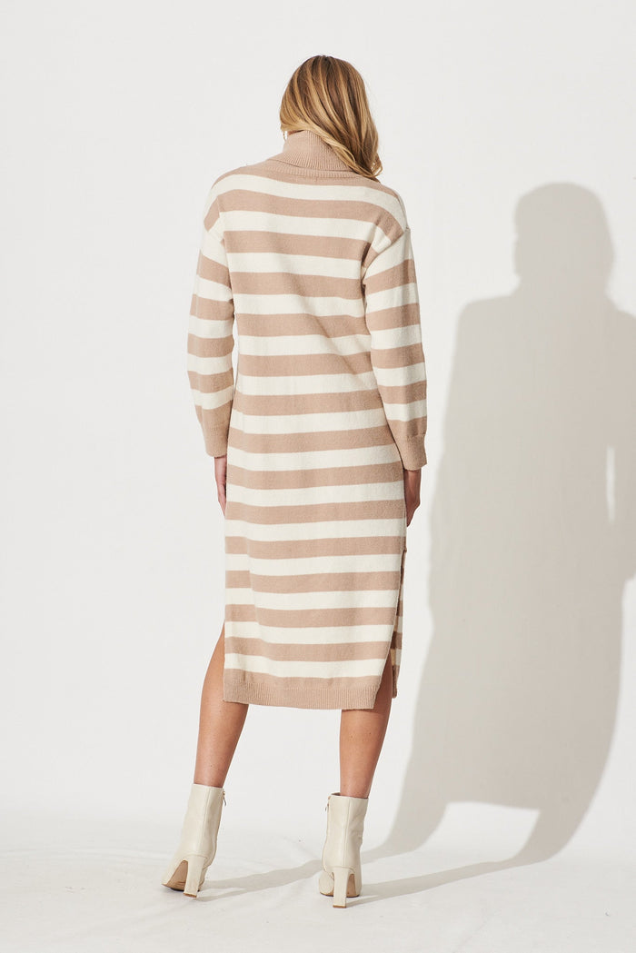 Alvy Knit Dress In Beige With Cream Stripe Wool Blend - back