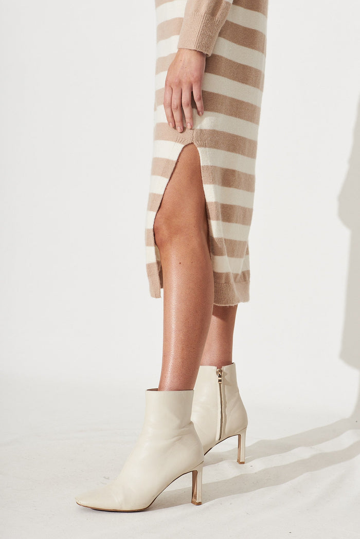 Alvy Knit Dress In Beige With Cream Stripe Wool Blend - detail
