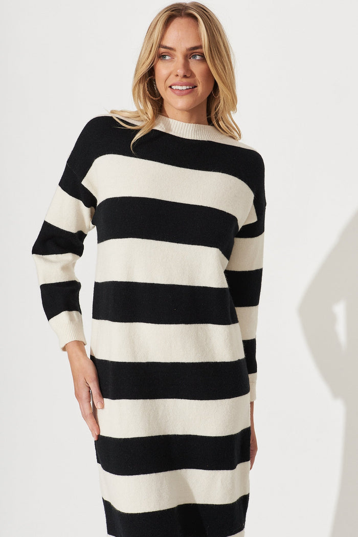 Adair Knit Dress In Black With White Stripe Wool Blend - front