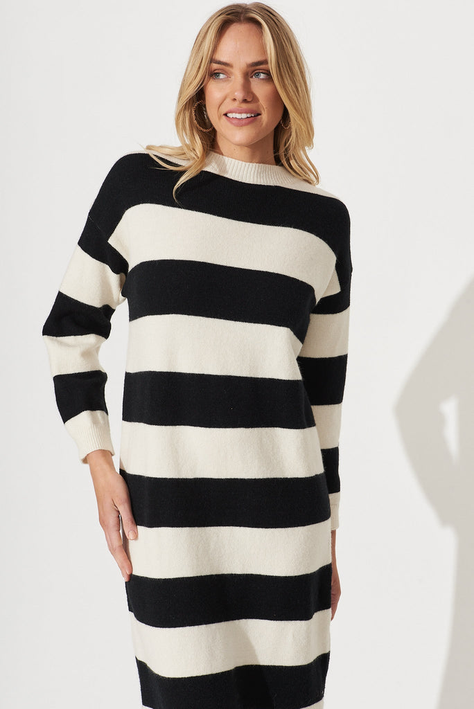 Adair Knit Dress In Black With White Stripe Wool Blend - front