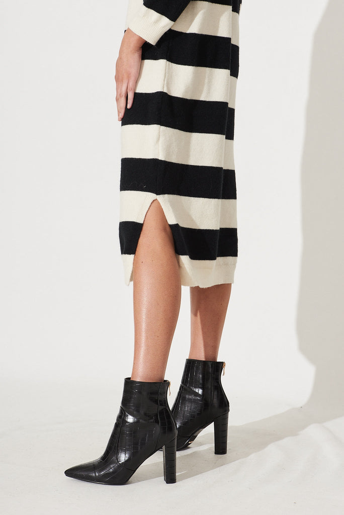 Adair Knit Dress In Black With White Stripe Wool Blend - detail