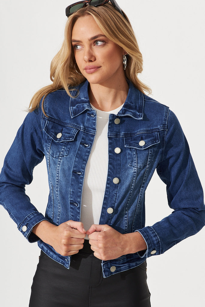 Monty Denim Jacket In Mid Blue Cotton Blend - front