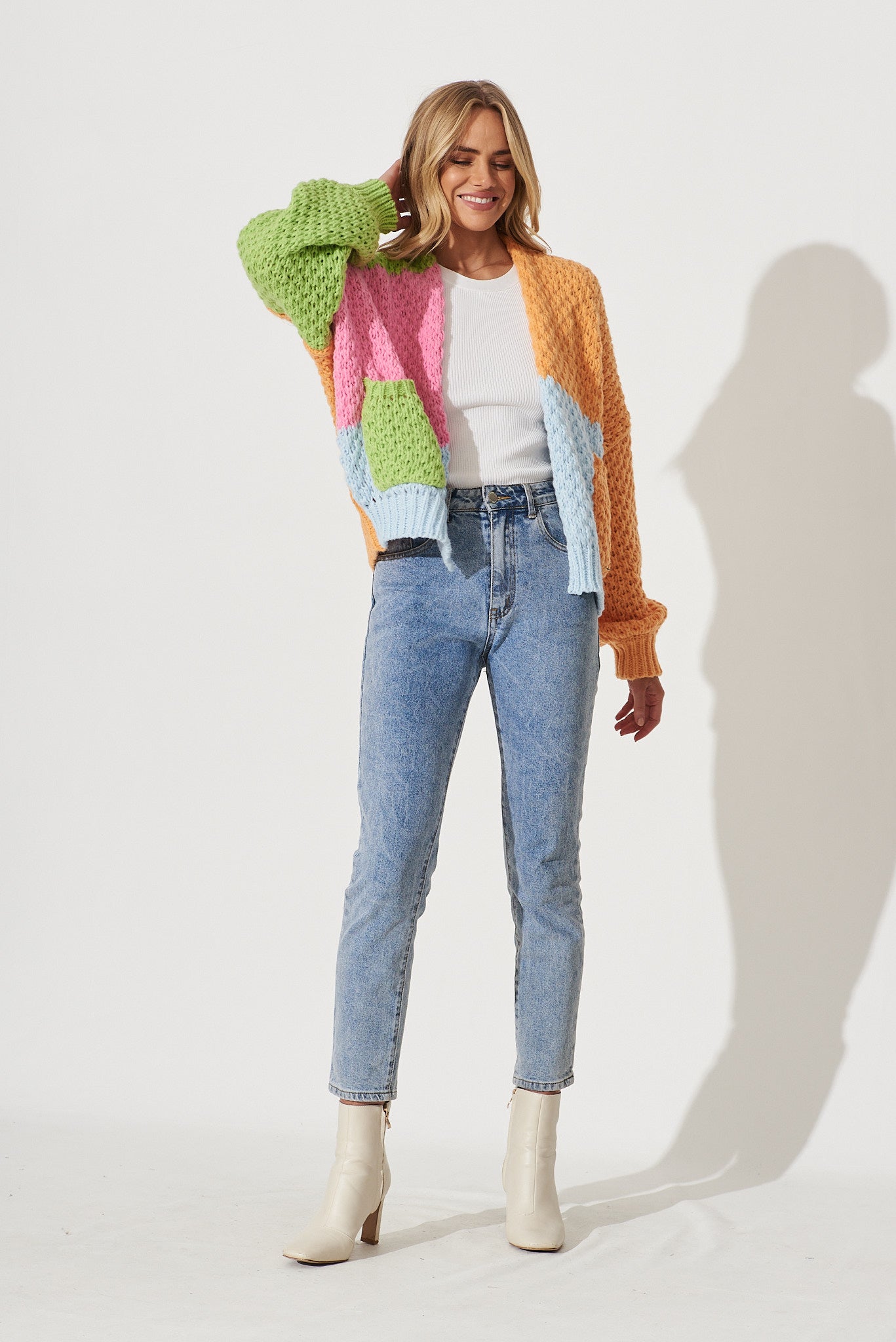 Sewell Knit Cardigan In Tangerine Multi Colour Block Wool Blend - full length