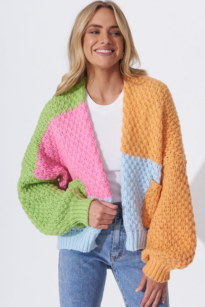 Sewell Knit Cardigan In Tangerine Multi Colour Block Wool Blend - front