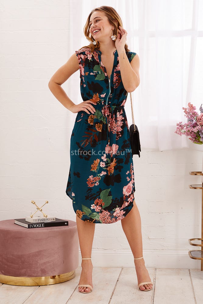 Shire Zip Dress In Teal With Pink And Black Floral