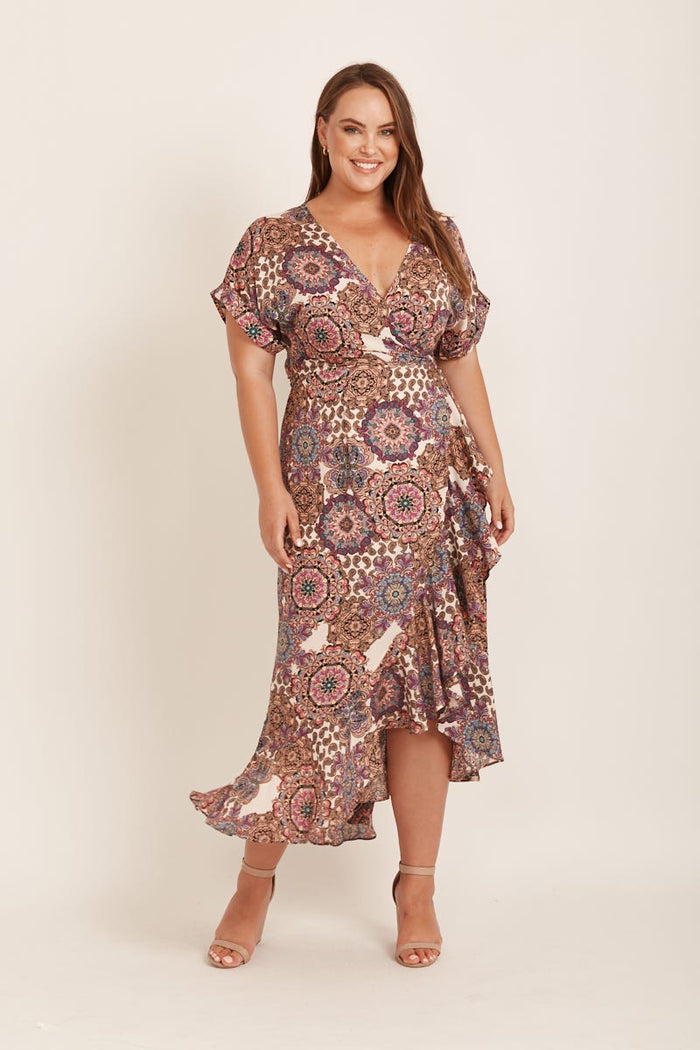 Venetian Streets Wrap Dress In Cream With Purple Paisley - full length