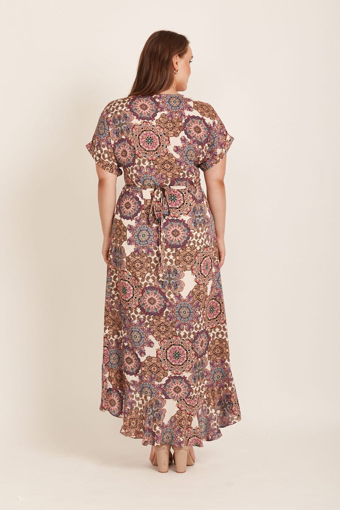 Venetian Streets Wrap Dress In Cream With Purple Paisley - back